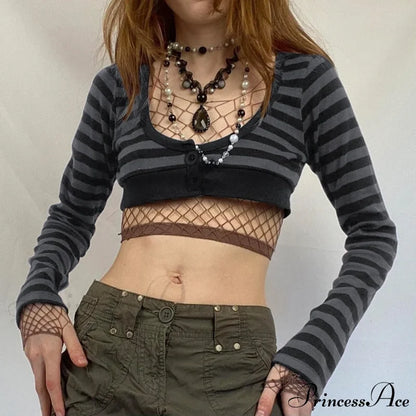 Button Full T Vintage V Crop Top Harajuku Neck Blouse Arm Knitted Women Grunge Tee Striped Y2K