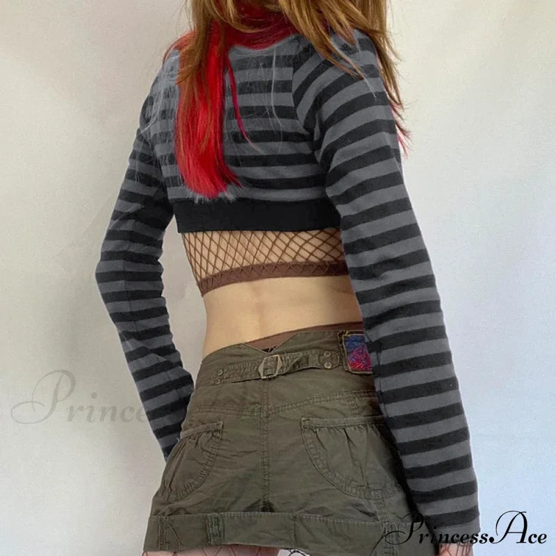 Button Full T Vintage V Crop Top Harajuku Neck Blouse Arm Knitted Women Grunge Tee Striped Y2K