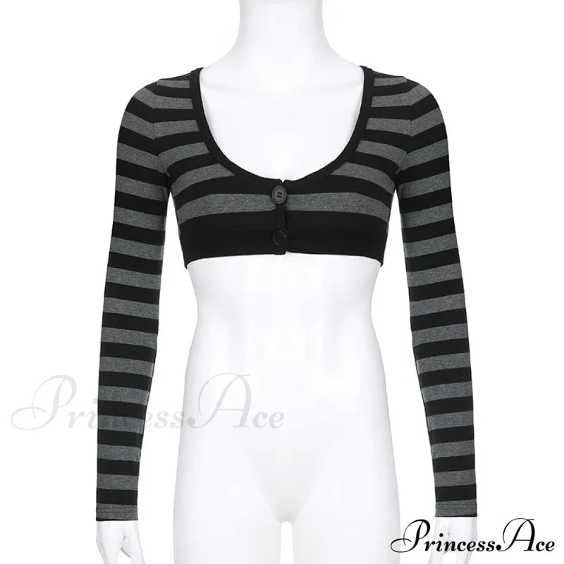 Button Full T Vintage V Crop Top Harajuku Neck Blouse Arm Knitted Women Grunge Tee Striped Y2K