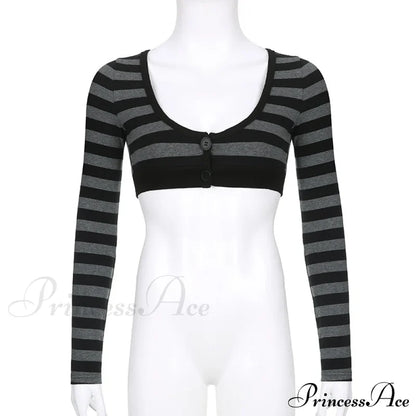 Button Full T Vintage V Crop Top Harajuku Neck Blouse Arm Knitted Women Grunge Tee Striped Y2K