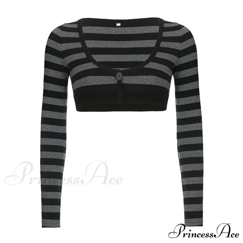 Button Full T Vintage V Crop Top Harajuku Neck Blouse Arm Knitted Women Grunge Tee Striped Y2K