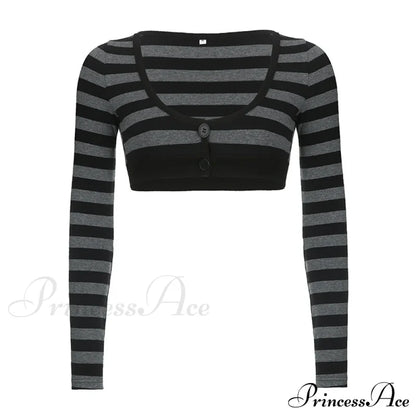 Button Full T Vintage V Crop Top Harajuku Neck Blouse Arm Knitted Women Grunge Tee Striped Y2K