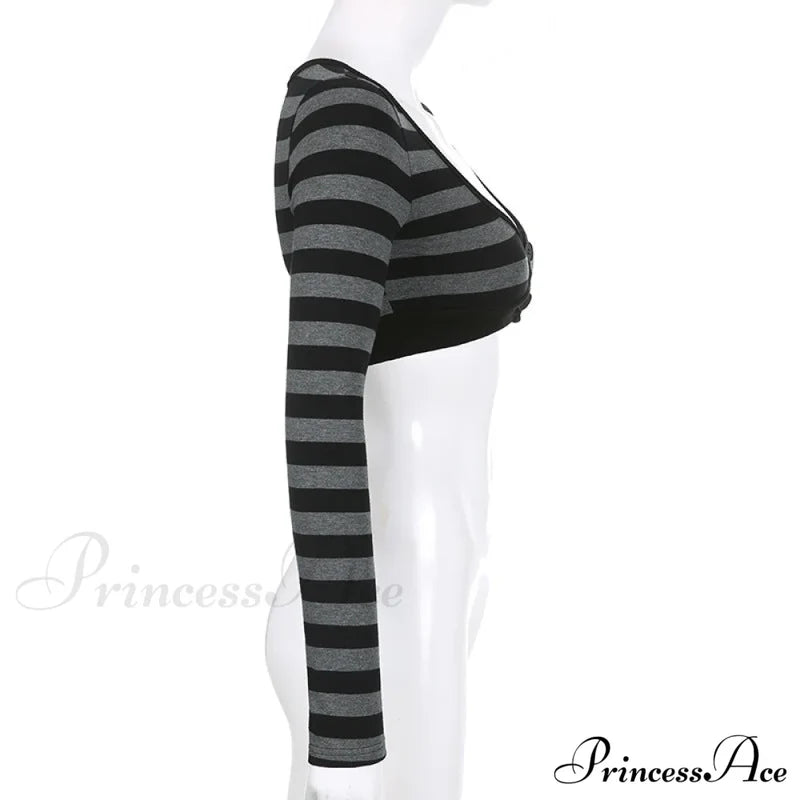 Button Full T Vintage V Crop Top Harajuku Neck Blouse Arm Knitted Women Grunge Tee Striped Y2K
