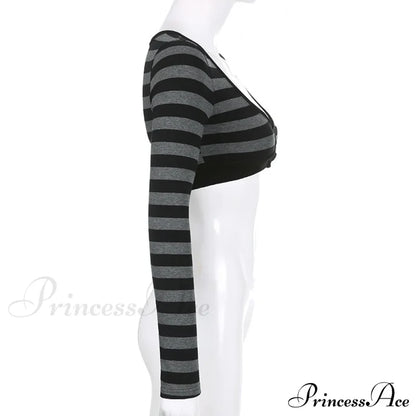Button Full T Vintage V Crop Top Harajuku Neck Blouse Arm Knitted Women Grunge Tee Striped Y2K