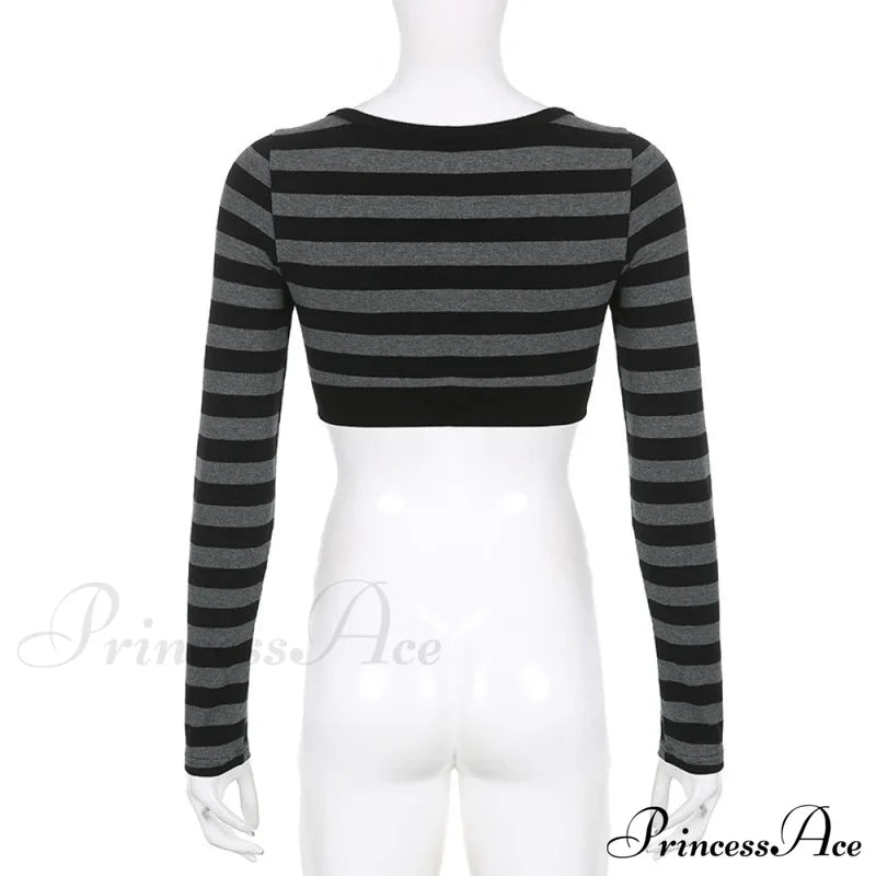 Button Full T Vintage V Crop Top Harajuku Neck Blouse Arm Knitted Women Grunge Tee Striped Y2K