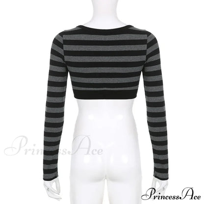 Button Full T Vintage V Crop Top Harajuku Neck Blouse Arm Knitted Women Grunge Tee Striped Y2K