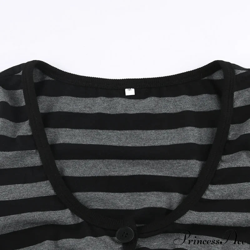 Button Full T Vintage V Crop Top Harajuku Neck Blouse Arm Knitted Women Grunge Tee Striped Y2K