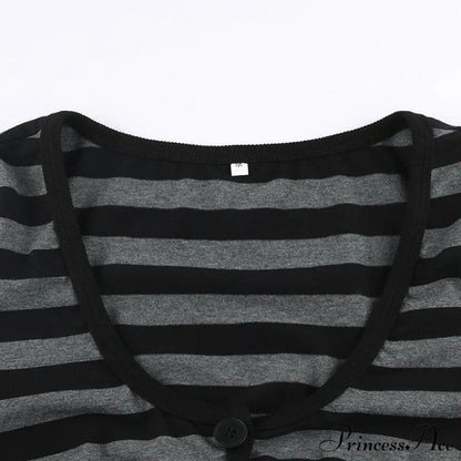 Button Full T Vintage V Crop Top Harajuku Neck Blouse Arm Knitted Women Grunge Tee Striped Y2K