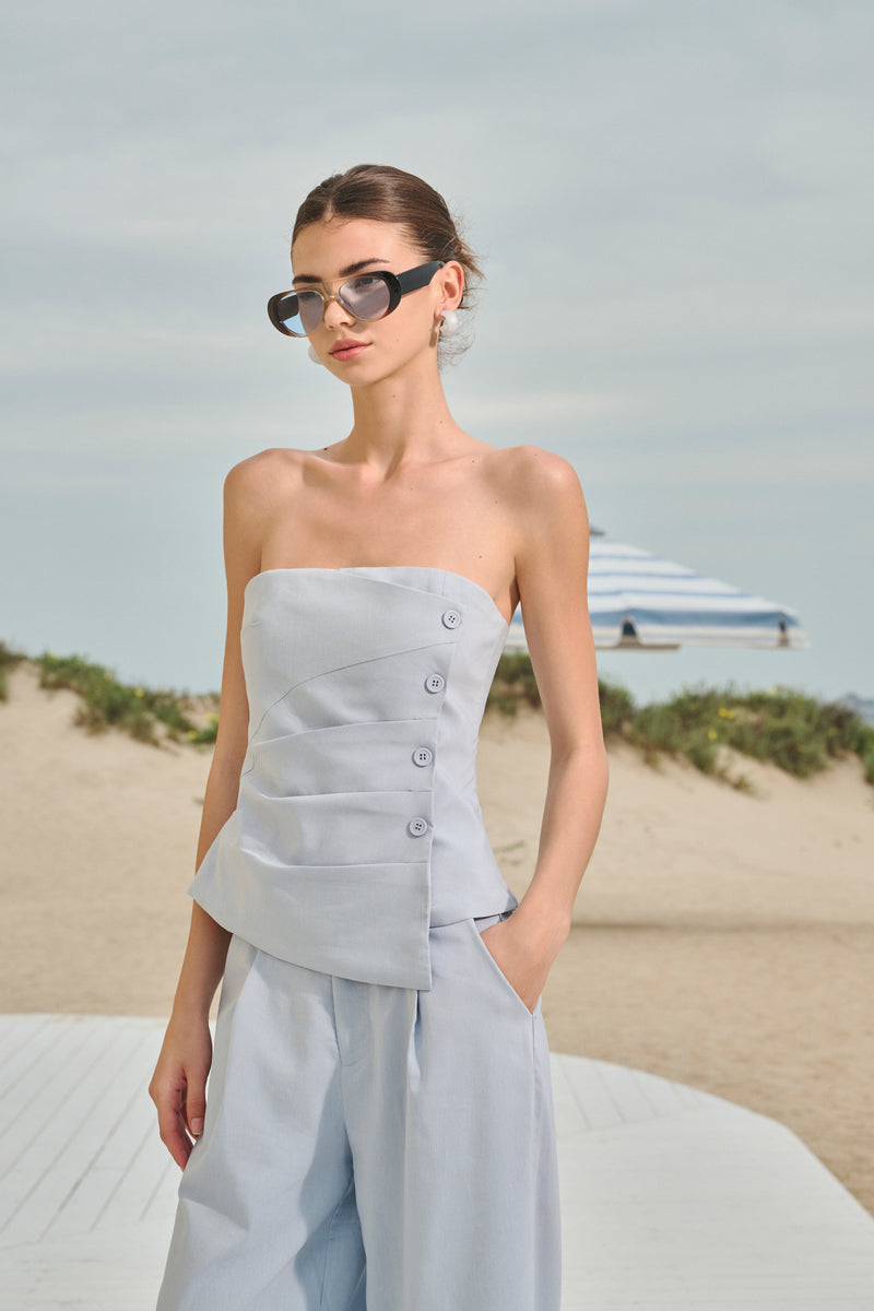 Button pleated bandeau & wide leg set