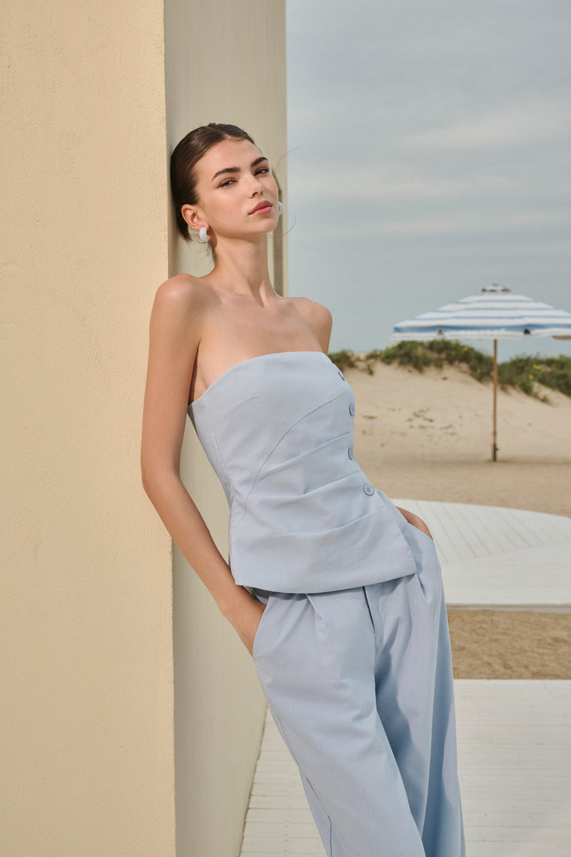 Button pleated bandeau & wide leg set