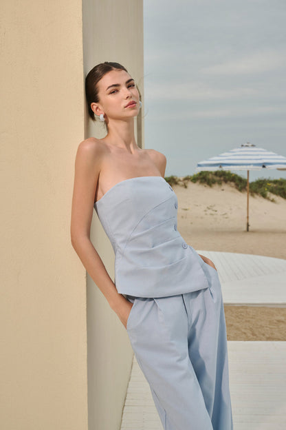 Button pleated bandeau & wide leg set