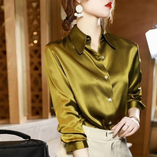 Button Satin - Women’s Blouse Silk Luxury Office Crepe Up Elegant Top