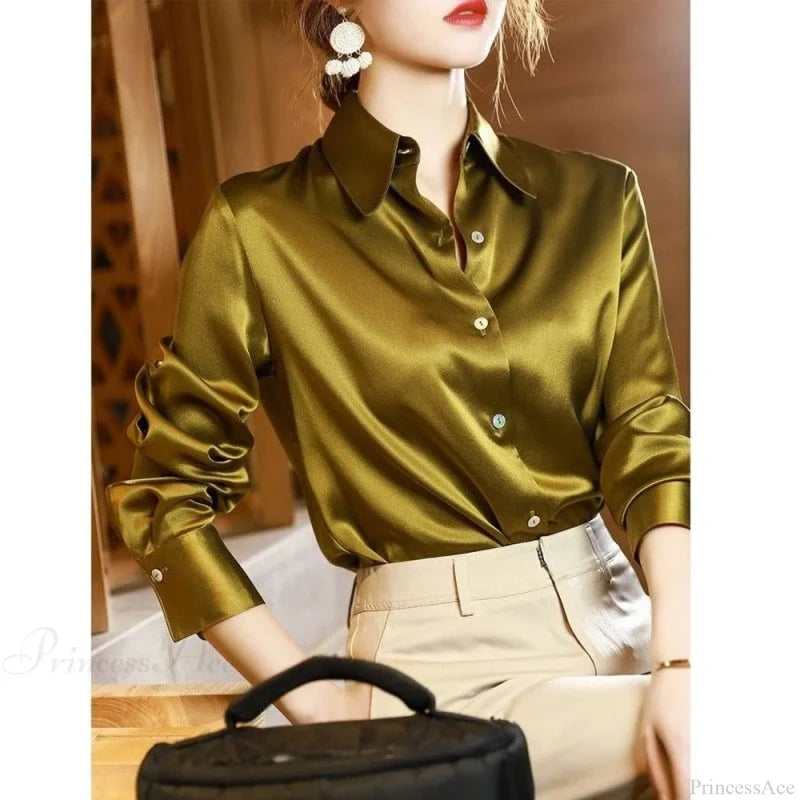 Button Satin - Women’s Blouse Silk Luxury Office Crepe Up Elegant Top