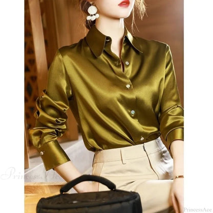 Button Satin - Women’s Blouse Silk Luxury Office Crepe Up Elegant Top