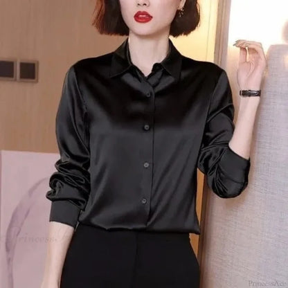 Button Satin - Women’s Blouse Silk Luxury Office Crepe Up Elegant Top Black / S