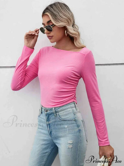 Asymmetrical Neck Long Sleeve Basic Casual Topl, Long Sleeve T-Shirt Hot Pink clothes long sleeve shirts long sleeve top long sleeve tops Ship From Overseas shirt shirts top tops Y@Q@S