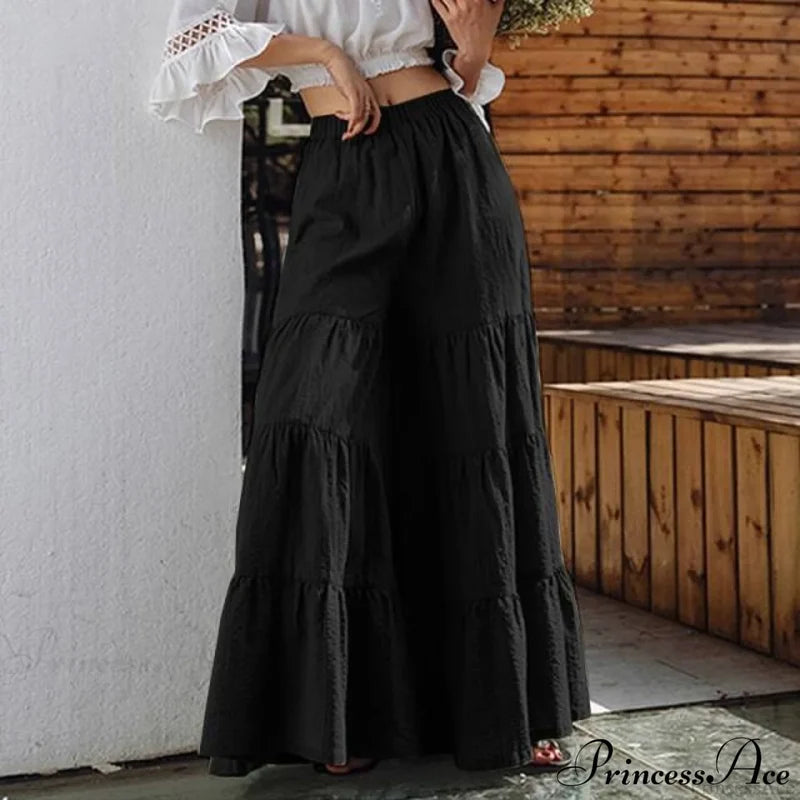 Casual Elastic Waist Long Solid Pants Black / S