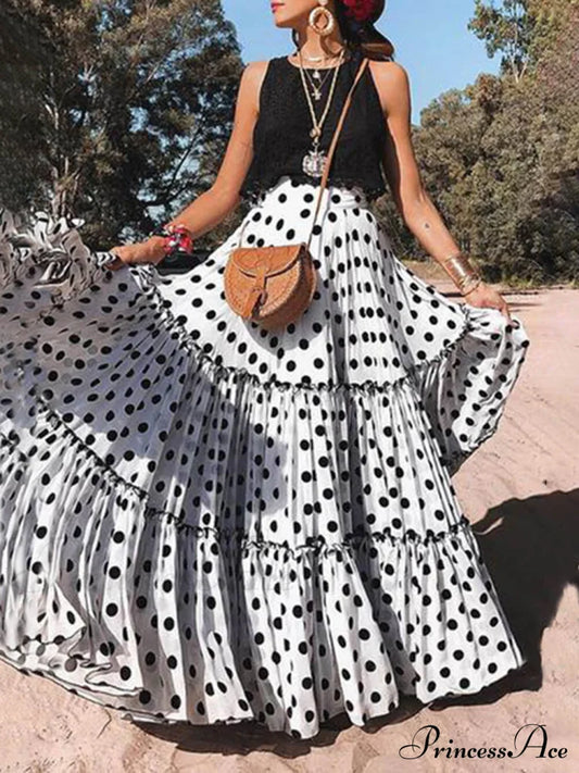 Casual Long Polka Charming Dot Printed Halter Skirt White / S Dresses