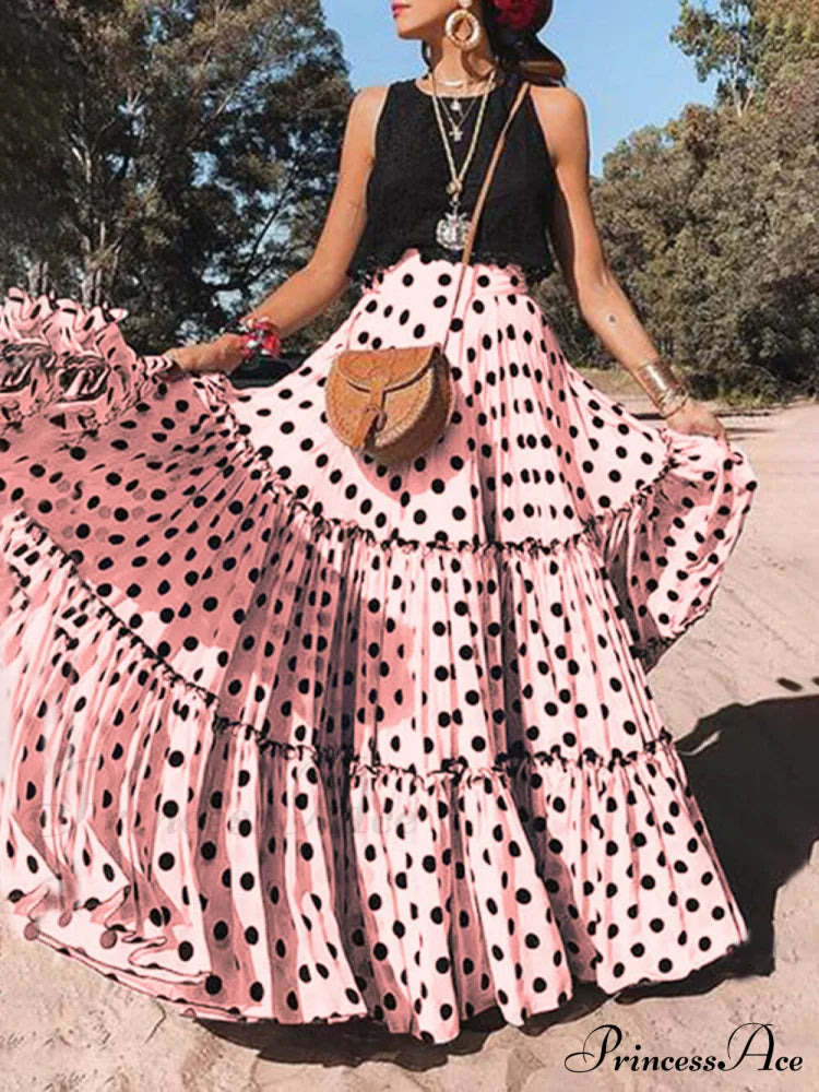 Casual Long Polka Charming Dot Printed Halter Skirt Pink / S Dresses