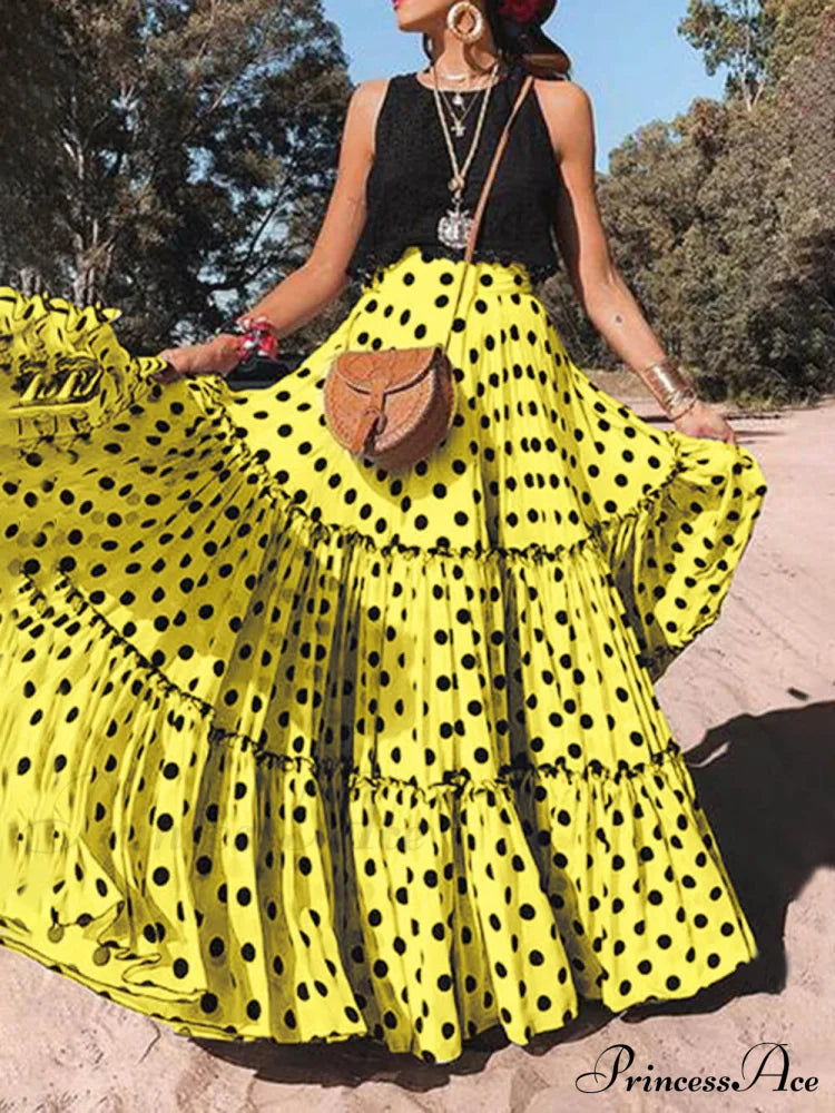 Casual Long Polka Charming Dot Printed Halter Skirt Yellow / S Dresses