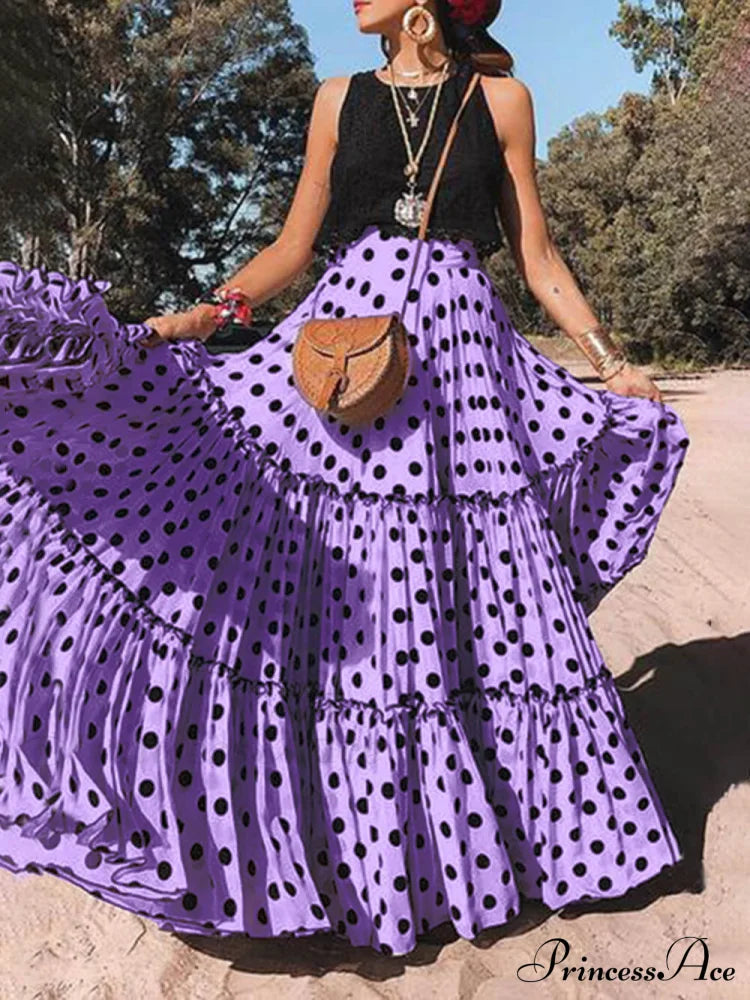 Casual Long Polka Charming Dot Printed Halter Skirt Purple / S Dresses