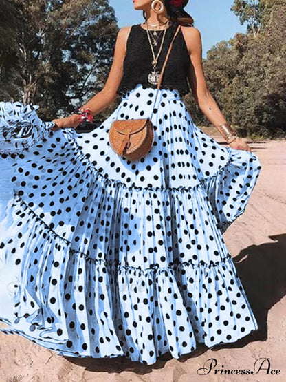 Casual Long Polka Charming Dot Printed Halter Skirt Peacock Blue / S Dresses