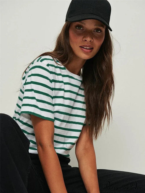 Casual Women’s Cotton Harajuku Neck Brief Warm-Season Arm Tops Striped O Loose Tee T-Shirt Style