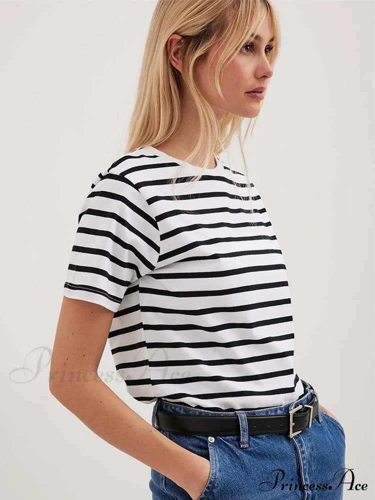 Casual Women’s Cotton Harajuku Neck Brief Warm-Season Arm Tops Striped O Loose Tee T-Shirt Style