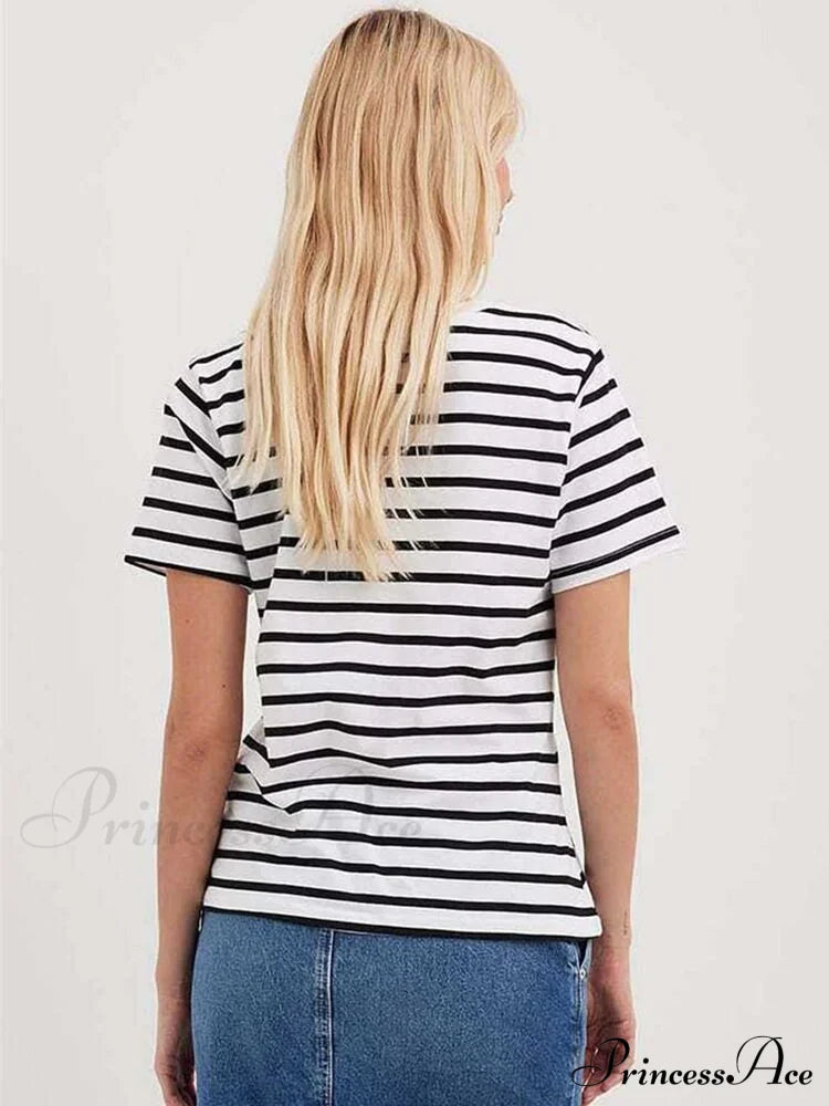 Casual Women’s Cotton Harajuku Neck Brief Warm-Season Arm Tops Striped O Loose Tee T-Shirt Style