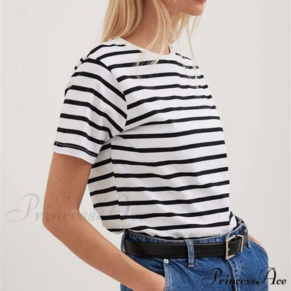Casual Women’s Cotton Harajuku Neck Brief Warm-Season Arm Tops Striped O Loose Tee T-Shirt Style