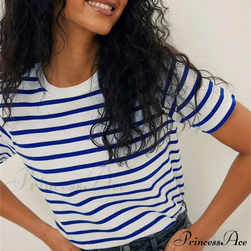 Casual Women’s Cotton Harajuku Neck Brief Warm-Season Arm Tops Striped O Loose Tee T-Shirt Style