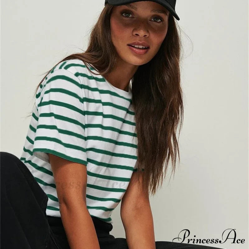 Casual Women’s Cotton Harajuku Neck Brief Warm-Season Arm Tops Striped O Loose Tee T-Shirt Style