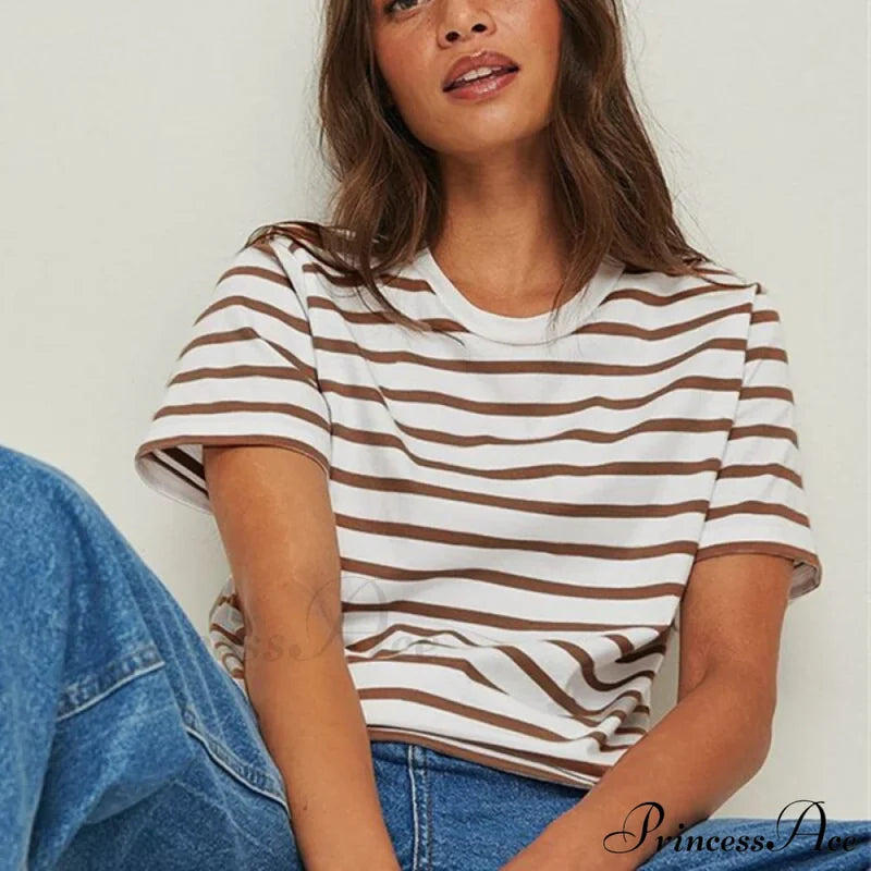 Casual Women’s Cotton Harajuku Neck Brief Warm-Season Arm Tops Striped O Loose Tee T-Shirt Style
