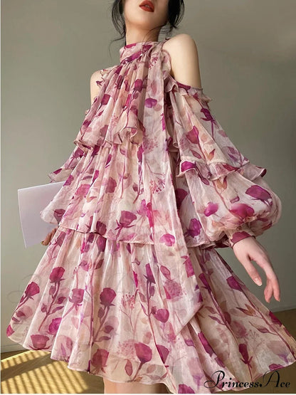 Coastal Gown Mini Long Casual Korean Flowered Arm Brief Elegant Style Party Bohemian Fashion Female