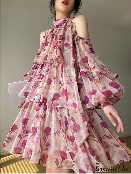 Coastal Gown Mini Long Casual Korean Flowered Arm Brief Elegant Style Party Bohemian Fashion Female
