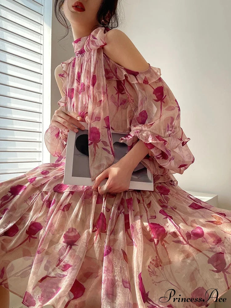Coastal Gown Mini Long Casual Korean Flowered Arm Brief Elegant Style Party Bohemian Fashion Female