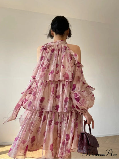 Coastal Gown Mini Long Casual Korean Flowered Arm Brief Elegant Style Party Bohemian Fashion Female