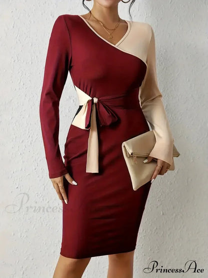 Color Block V Neck Long Sleeve Dress With Knot Detail S / Gray Casual Knotted