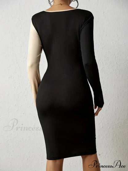 Color Block V Neck Long Sleeve Dress With Knot Detail S / Burgundy Casual Knotted