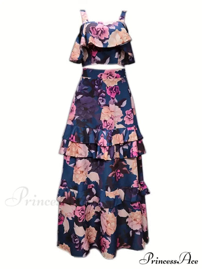 Crop Ruffles Flowered Skirt Two-Piece Tank Design Set S / Red Floral Chiffon Maxi Dress