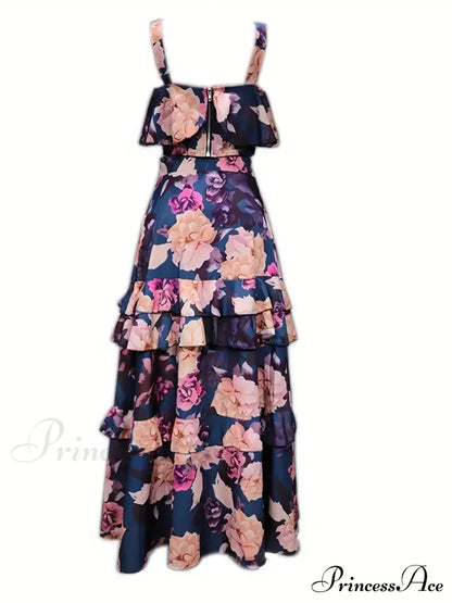 Crop Ruffles Flowered Skirt Two-Piece Tank Design Set M / Green Floral Chiffon Maxi Dress