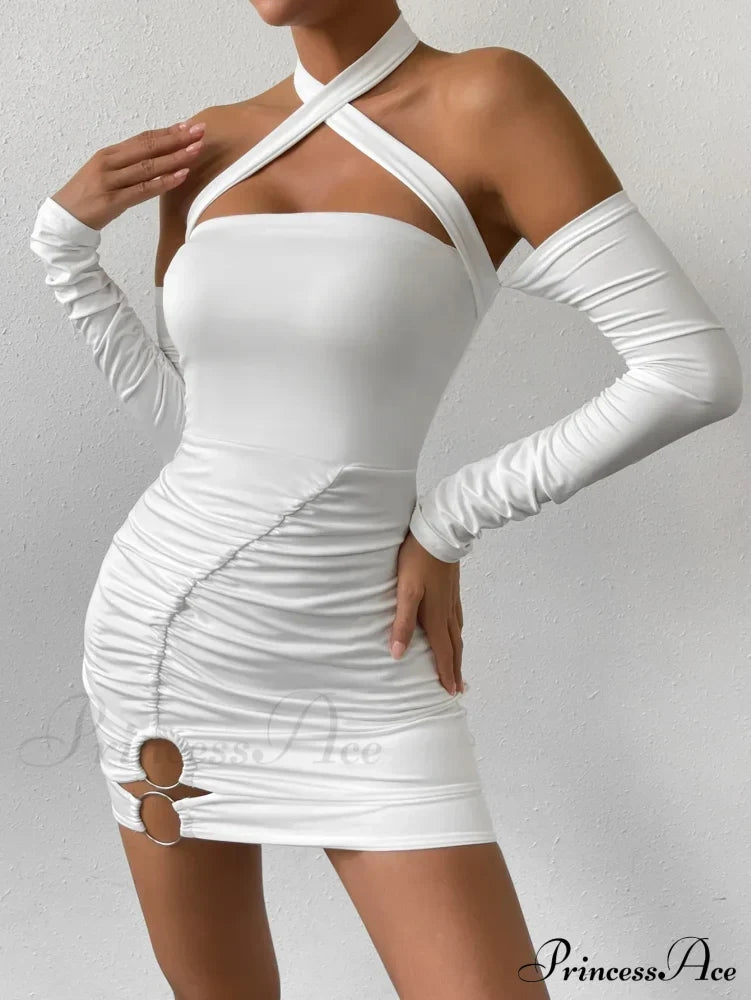 Cross Neck Hanging Bodycon Mini Off Shoulder Long Sleeve Hollow Out Back Pleated Wrapped Hip Skirt