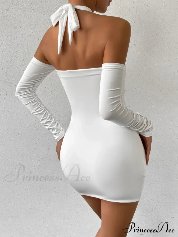 Cross Neck Hanging Bodycon Mini Off Shoulder Long Sleeve Hollow Out Back Pleated Wrapped Hip Skirt