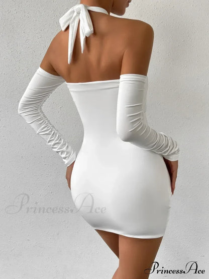 Cross Neck Hanging Bodycon Mini Off Shoulder Long Sleeve Hollow Out Back Pleated Wrapped Hip Skirt