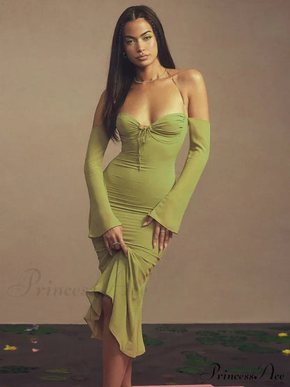 Cryptographic Green Mesh Sheer Midi Dress / S