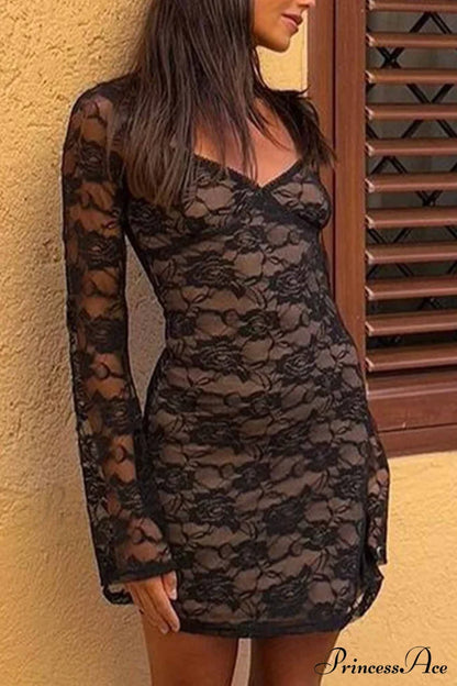 Cutout Lace Long Sleeve Mini Dress Dresses