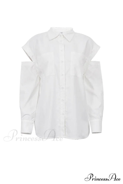 Cutout Long Tops Blouse White With Sleeves Blouses