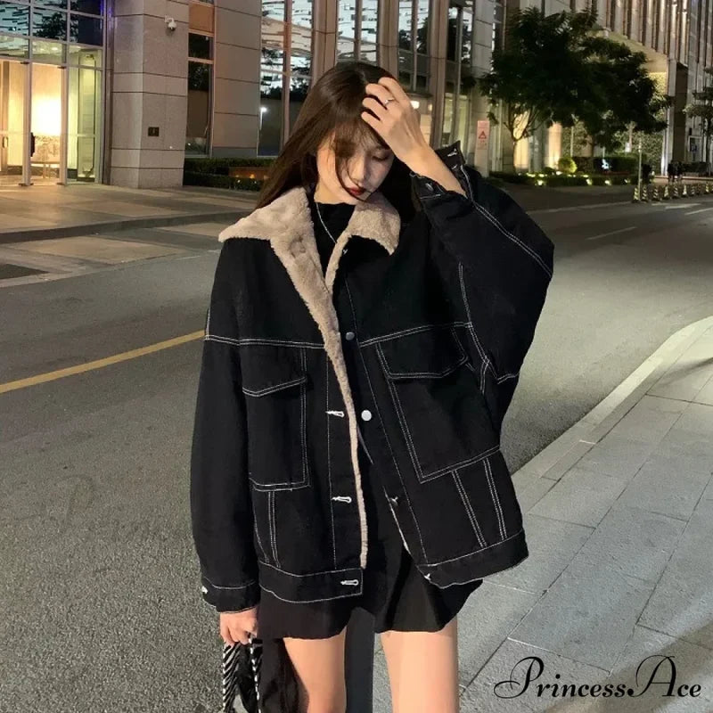 Dark Denim Stylish Fur Lining Jacket