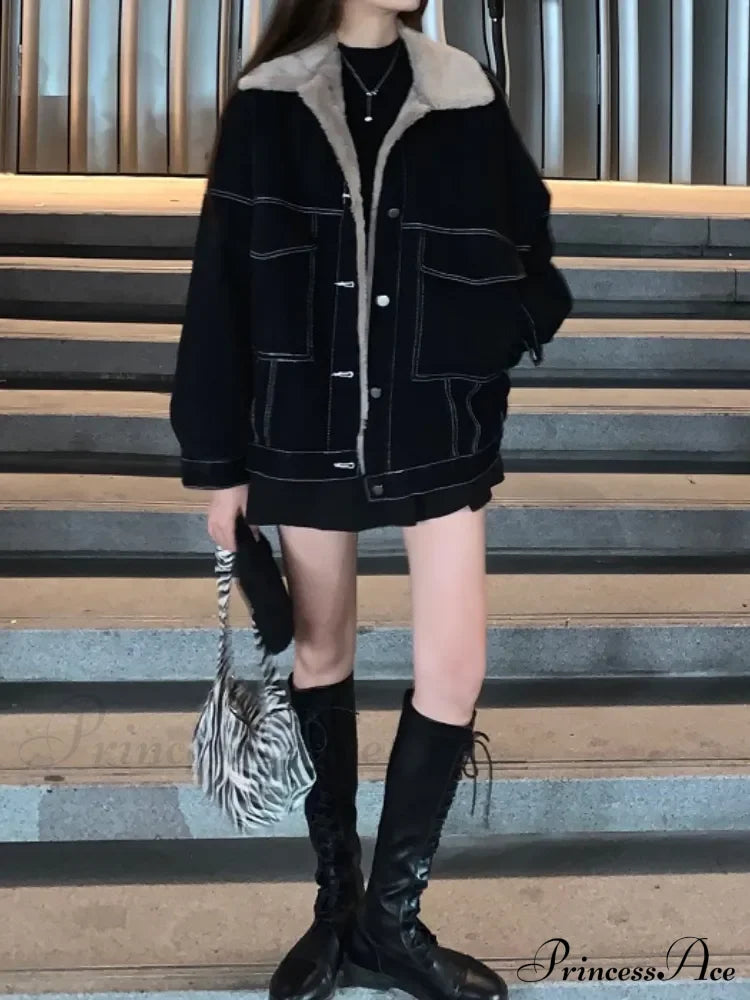 Dark Denim Stylish Fur Lining Jacket