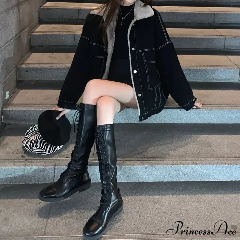 Dark Denim Stylish Fur Lining Jacket